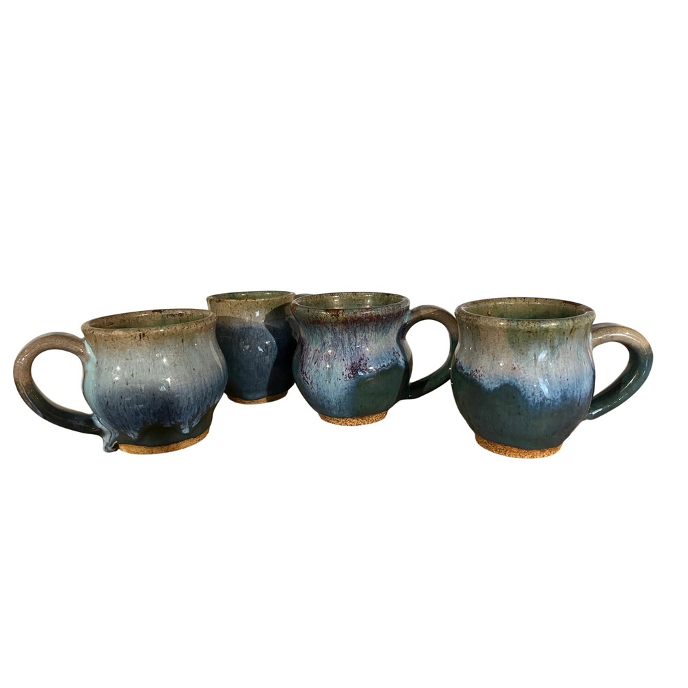 Set of 4 Studio Pottery Mugs Artisan Handcrafted Blue Teal Reactive Glaze Cup
